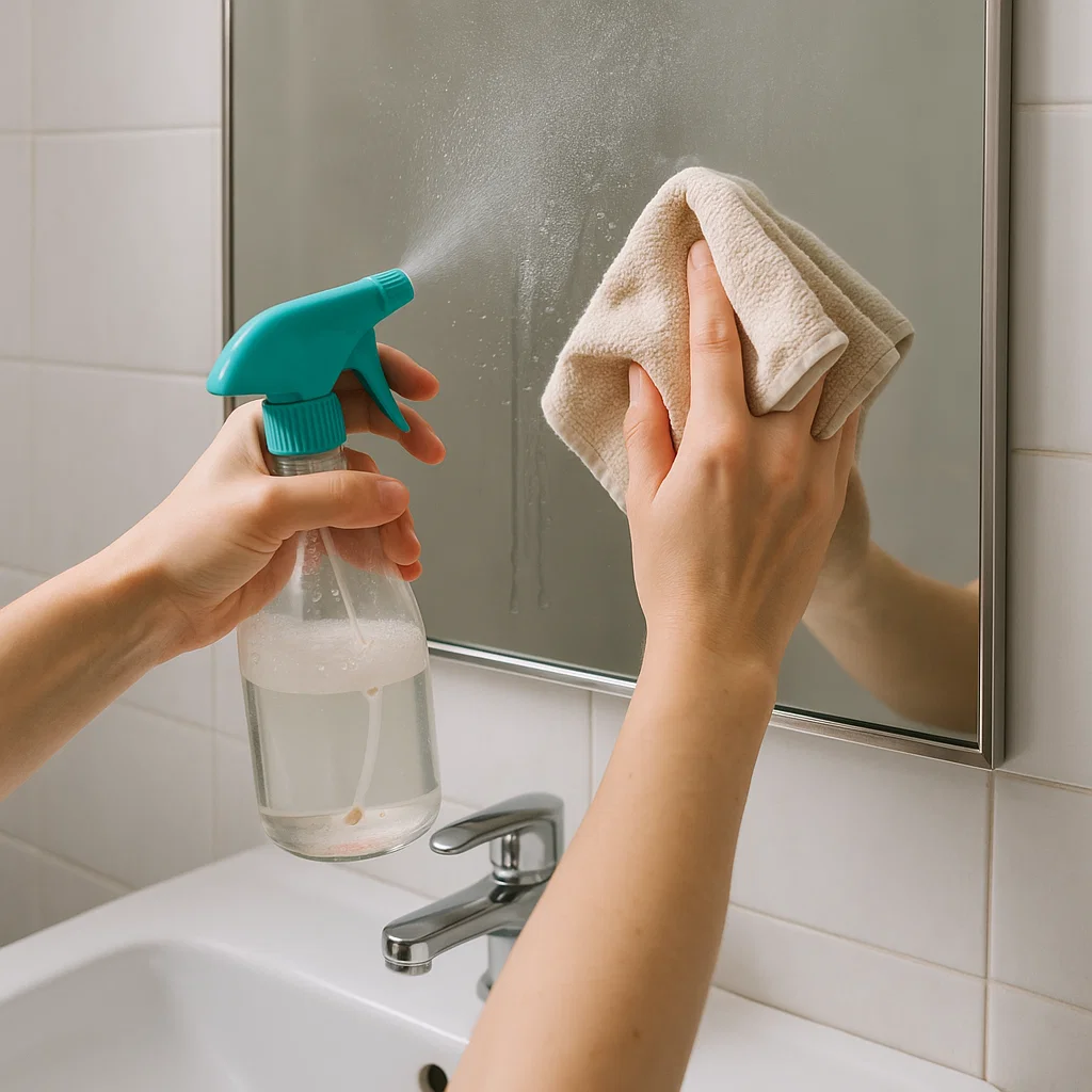 Hand holding spray bottle cleaning mirror with vinegar and water mixture.