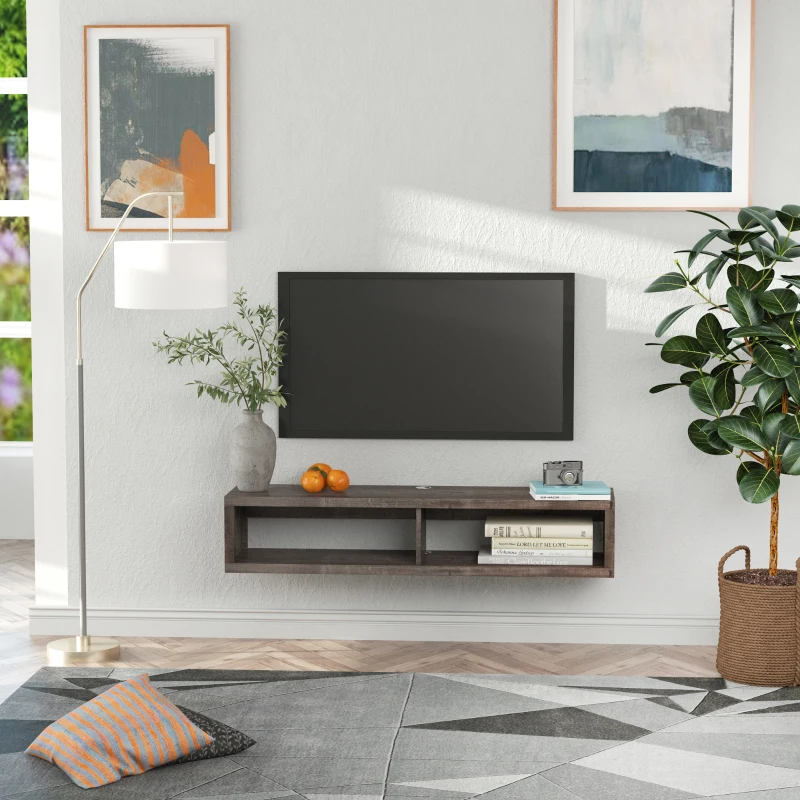 Wall-mounted floating TV stand with shelves in modern living room.