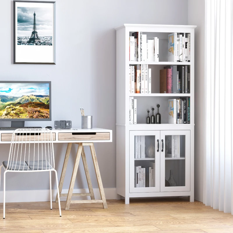 White corner bookshelf with glass doors beside home office desk.