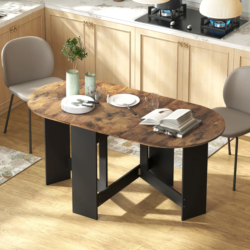 Foldable dining table with rustic wood top and modern black base.