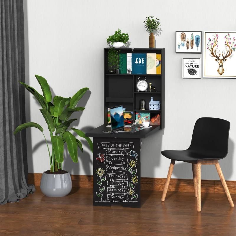 Compact desk with wall-mounted shelves and chalkboard panel workspace.