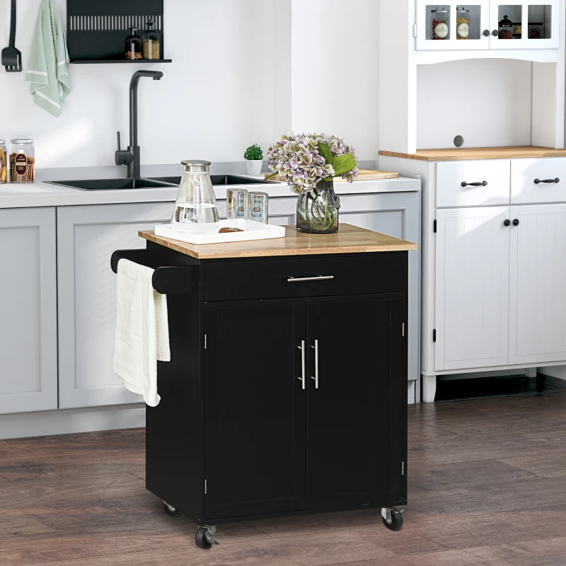 Black rolling kitchen cart with wood top and storage cabinets.