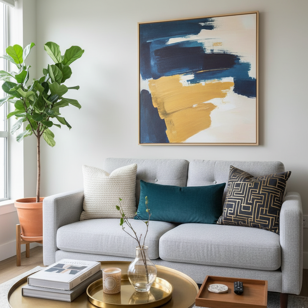 Modern living room sofa with bold cushions and large artwork.