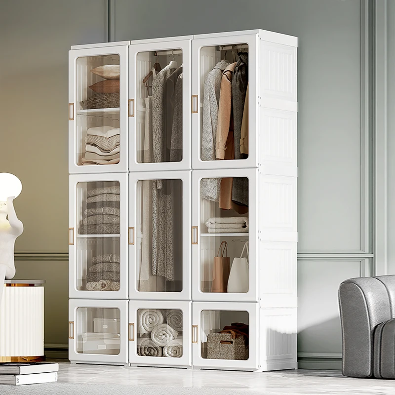 Large white modular wardrobe with transparent glass doors.