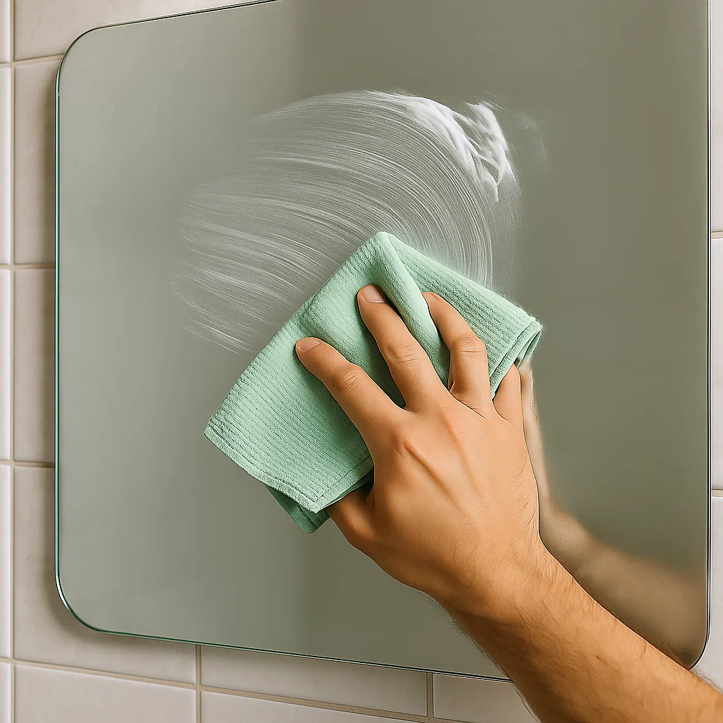 Hand applying shaving cream with cloth on mirror to stop fogging.