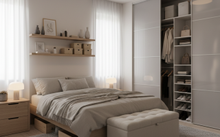 Minimal bedroom with sliding wardrobe and under-bed storage drawers.