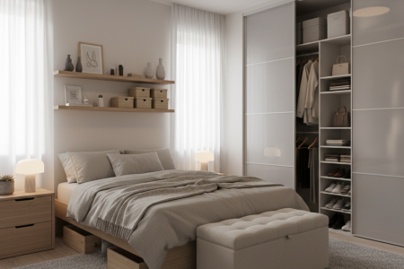 Minimal bedroom with sliding wardrobe and under-bed storage drawers.
