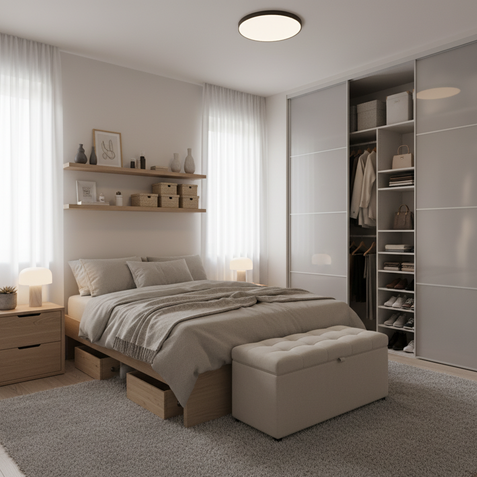 Minimal bedroom with sliding wardrobe and under-bed storage drawers.