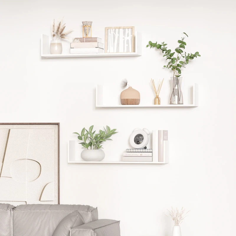 Wall-mounted floating shelves with plants, books, and decor accents.
