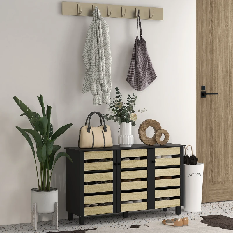 Wooden shoe storage cabinet with black frame in entryway.