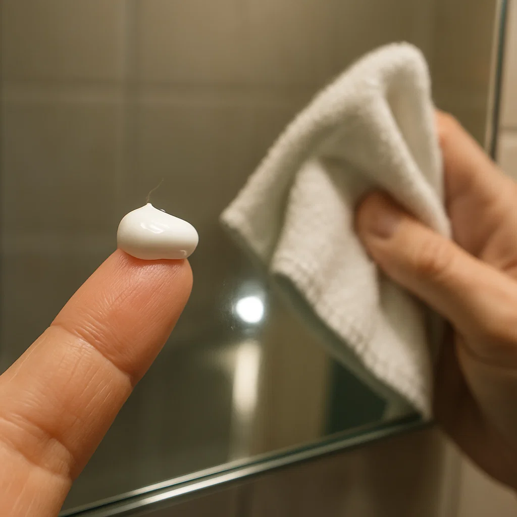 Finger applying small amount of toothpaste on bathroom mirror with cloth nearby.