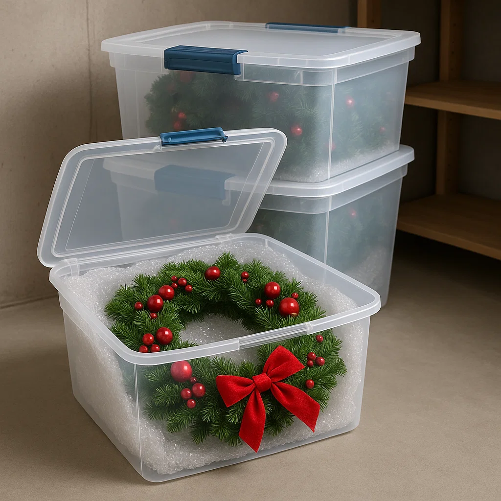 Clear plastic bins storing decorated Christmas wreaths with bubble wrap padding.
