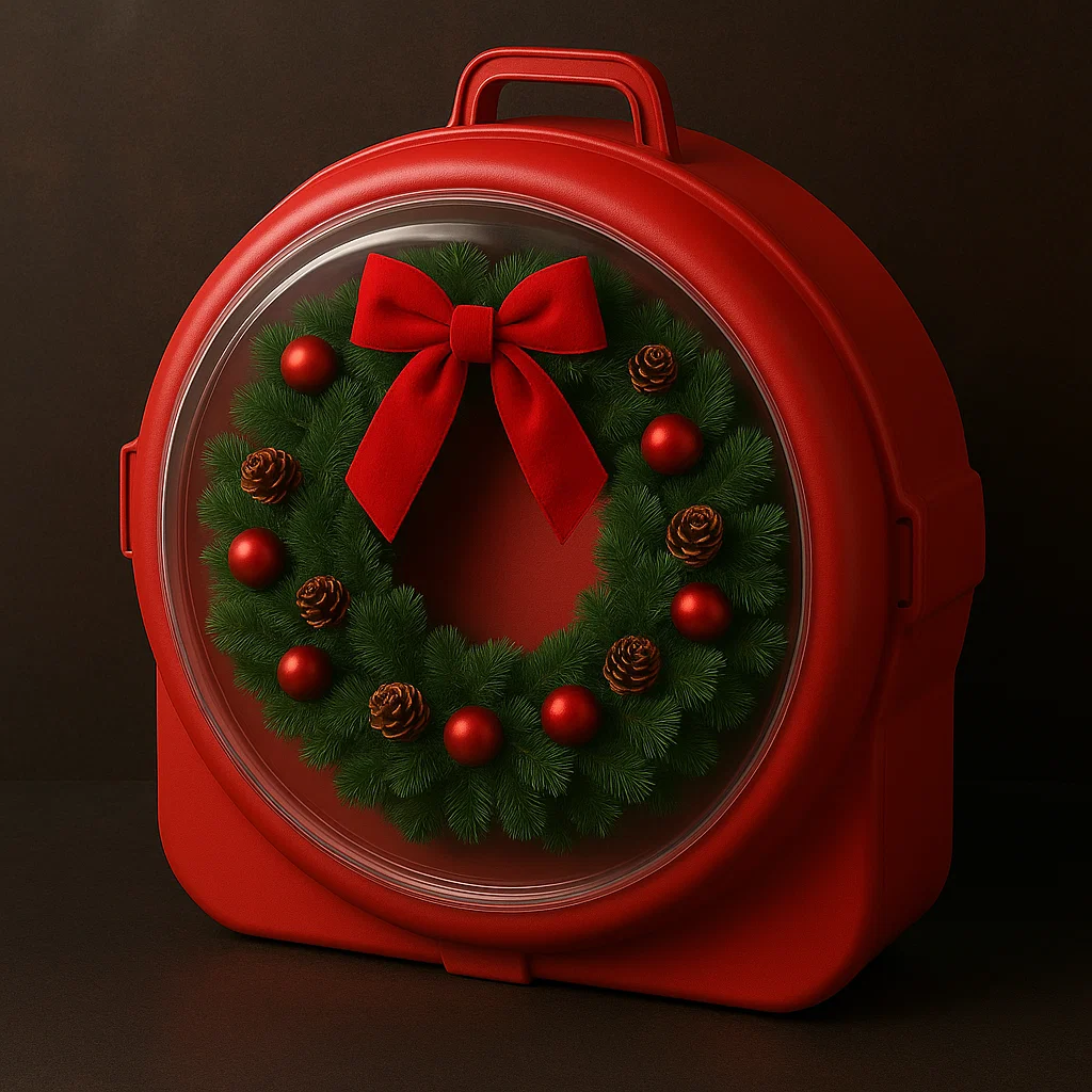 Red hard plastic wreath storage box with clear lid and handle.
