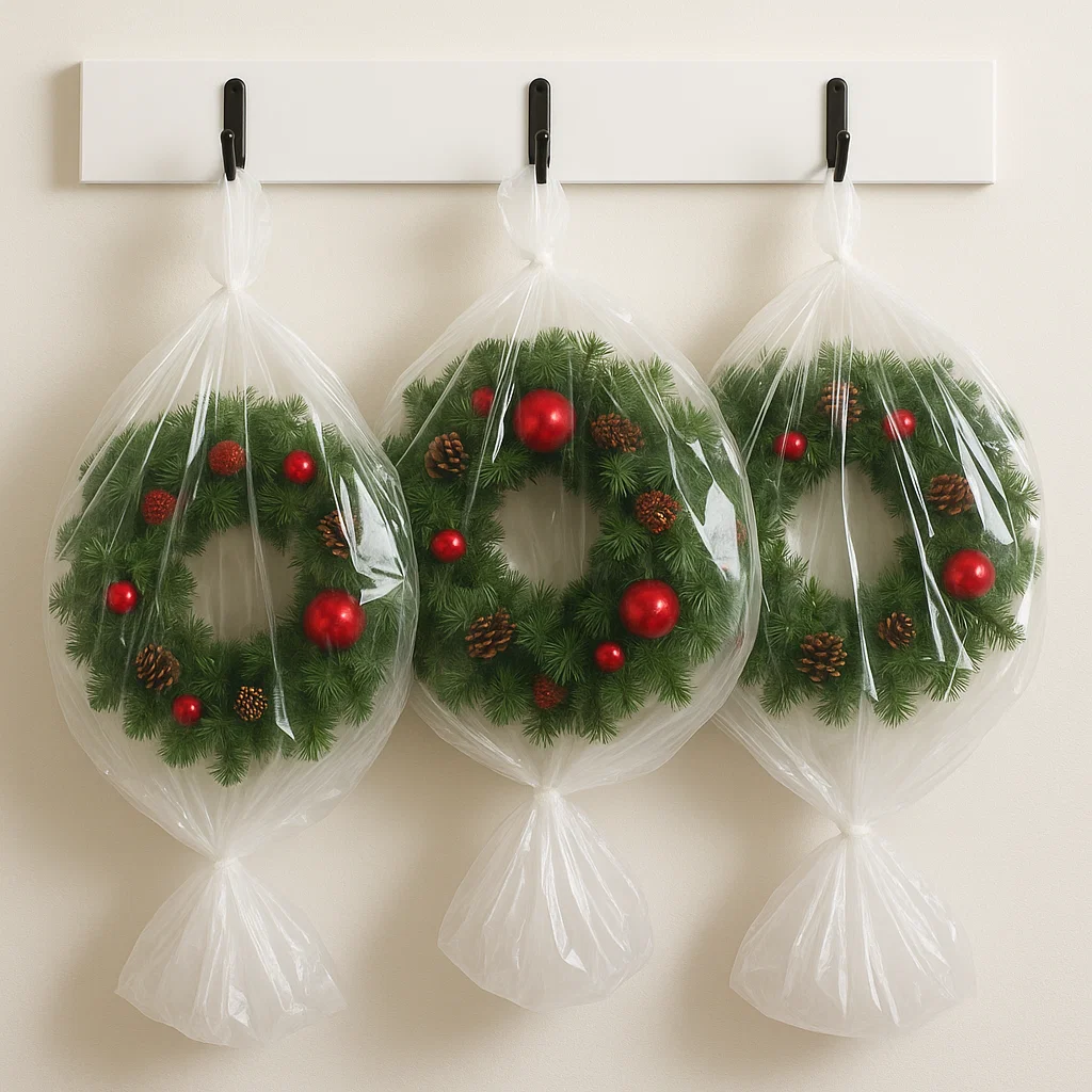 Christmas wreaths covered in clear trash bags hanging on wall hooks.