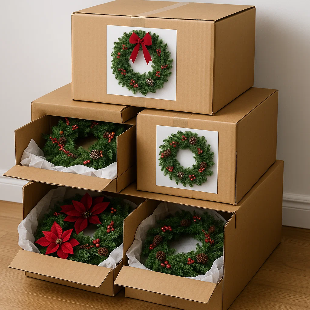 Christmas wreaths stored in cardboard boxes with protective paper.