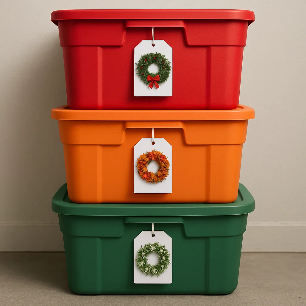 Color-coded storage bins with labeled Christmas wreath tags stacked neatly.