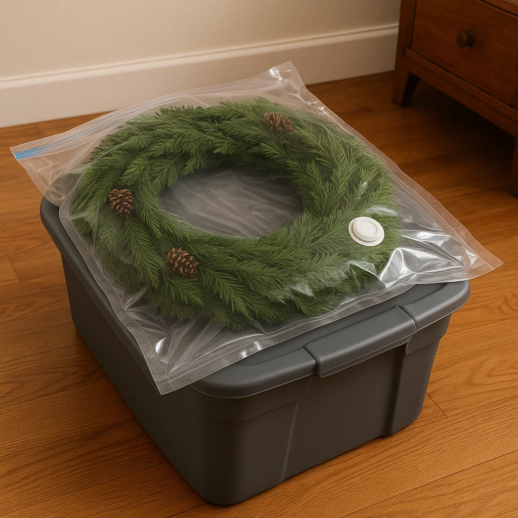 Christmas wreath stored inside a vacuum-seal bag placed on storage bin.
