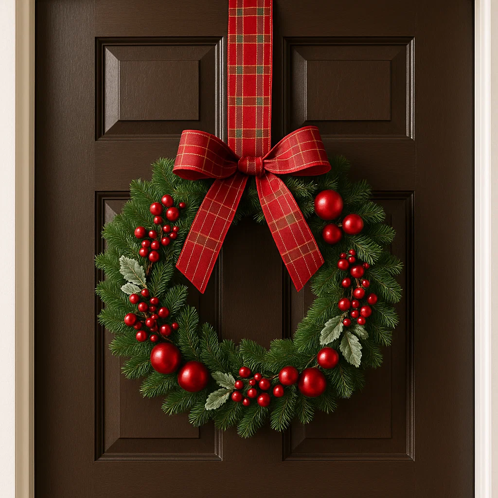 Christmas wreath with red ribbon and ornaments on brown door.