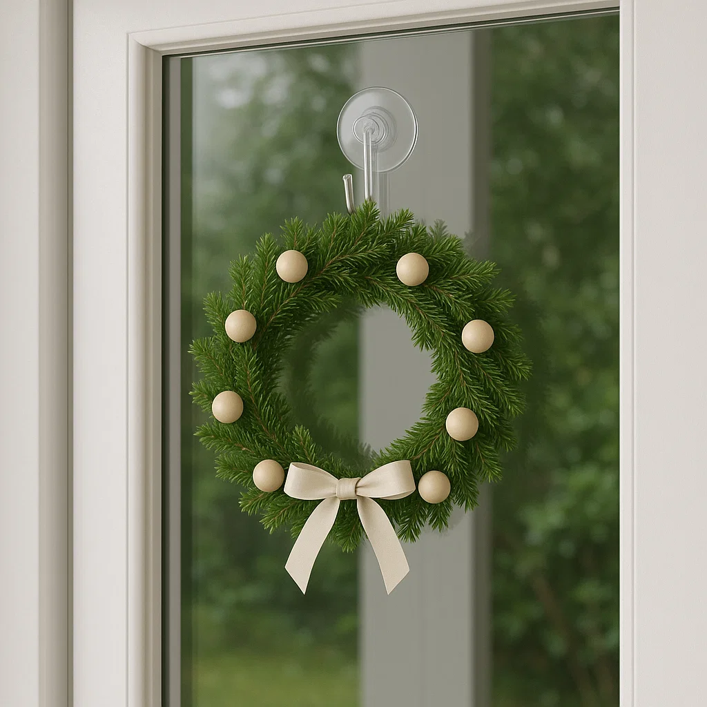 Wreath with bow and round ornaments on glass door with suction hook.