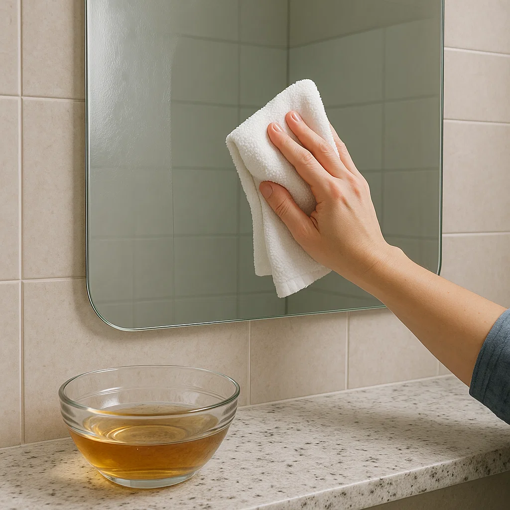 Hand using cloth with glycerin to wipe bathroom mirror for fog prevention.