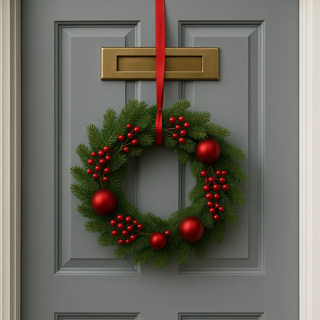 Green wreath with red ornaments hung by ribbon through letterbox.