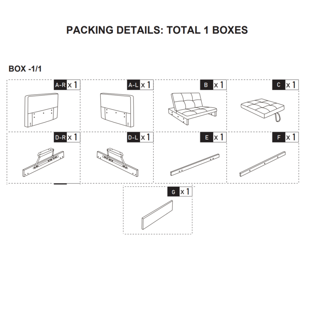 Unboxed recliner chair parts laid out with labeled components.
