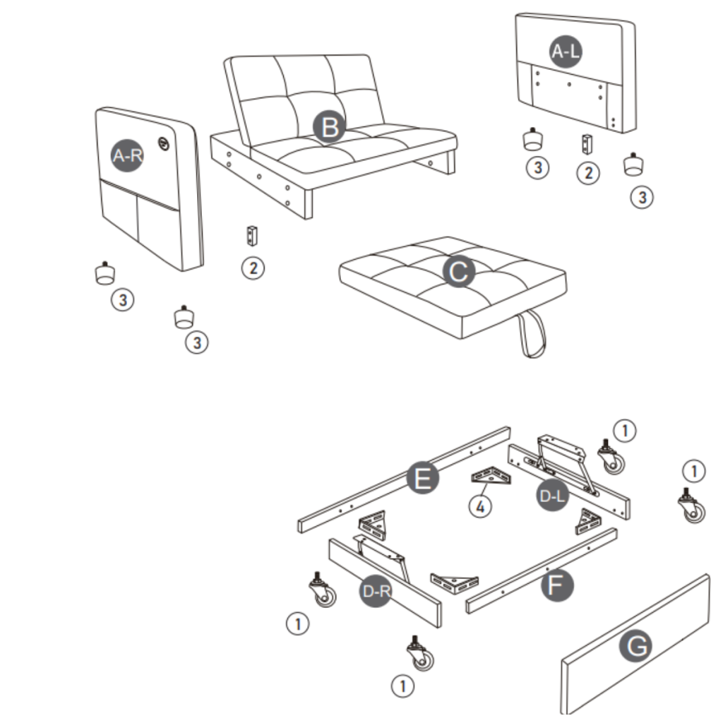 Exploded diagram showing all recliner chair parts before assembly.