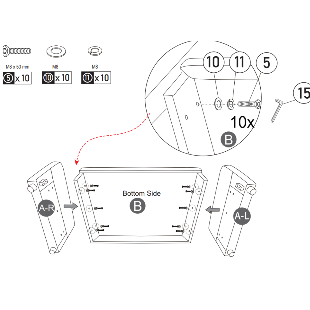 Recliner seat base connected to side panels with brackets.