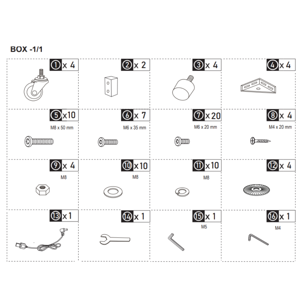 Detailed hardware list with screws, brackets, casters, and tools.