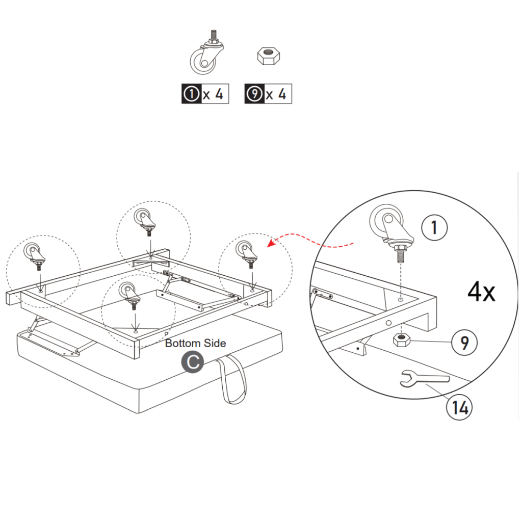 Caster wheels installed on recliner footrest frame bottom side.