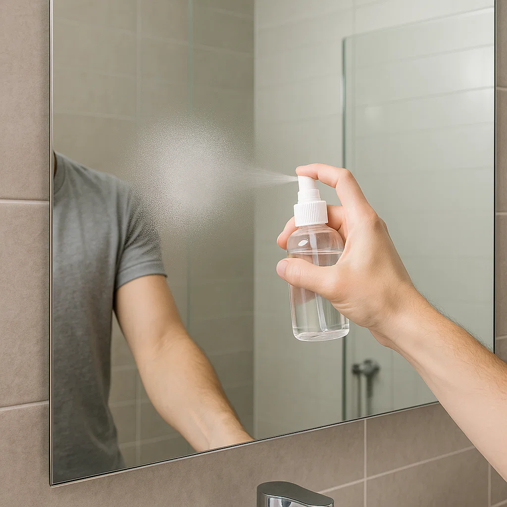 Person spraying anti-fog solution on bathroom mirror to prevent steam buildup.
