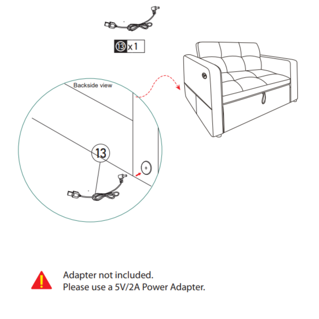 USB power cable connected at recliner back for charging.