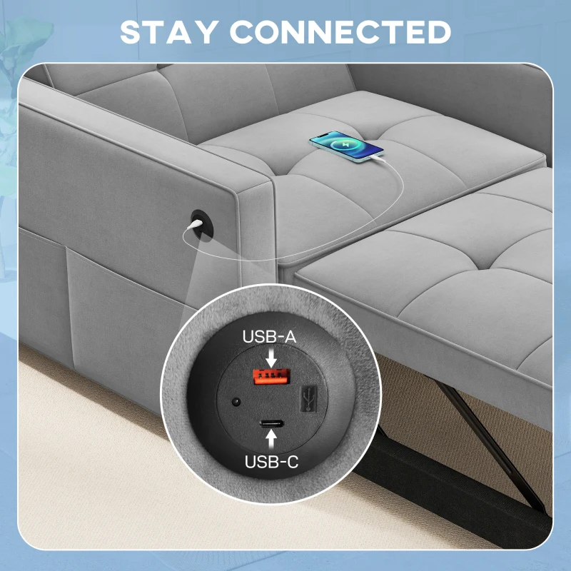 Woman reclining chair into bed mode and using USB ports.