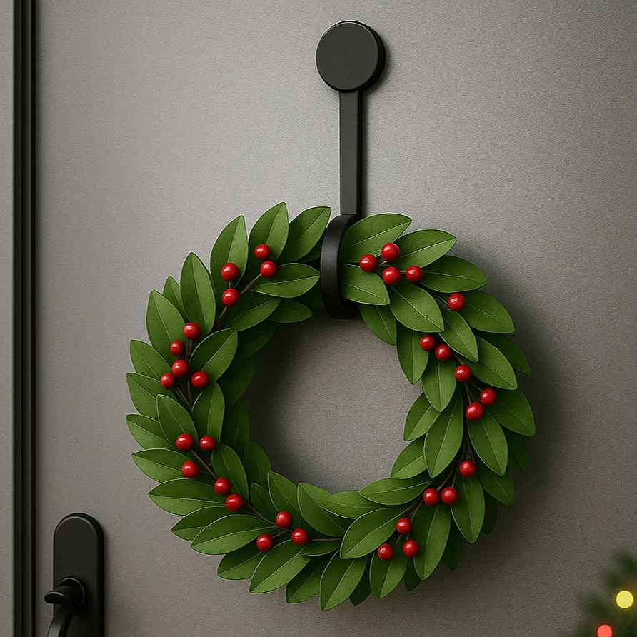 Pine wreath with pinecones hanging on glass door using magnetic hook.