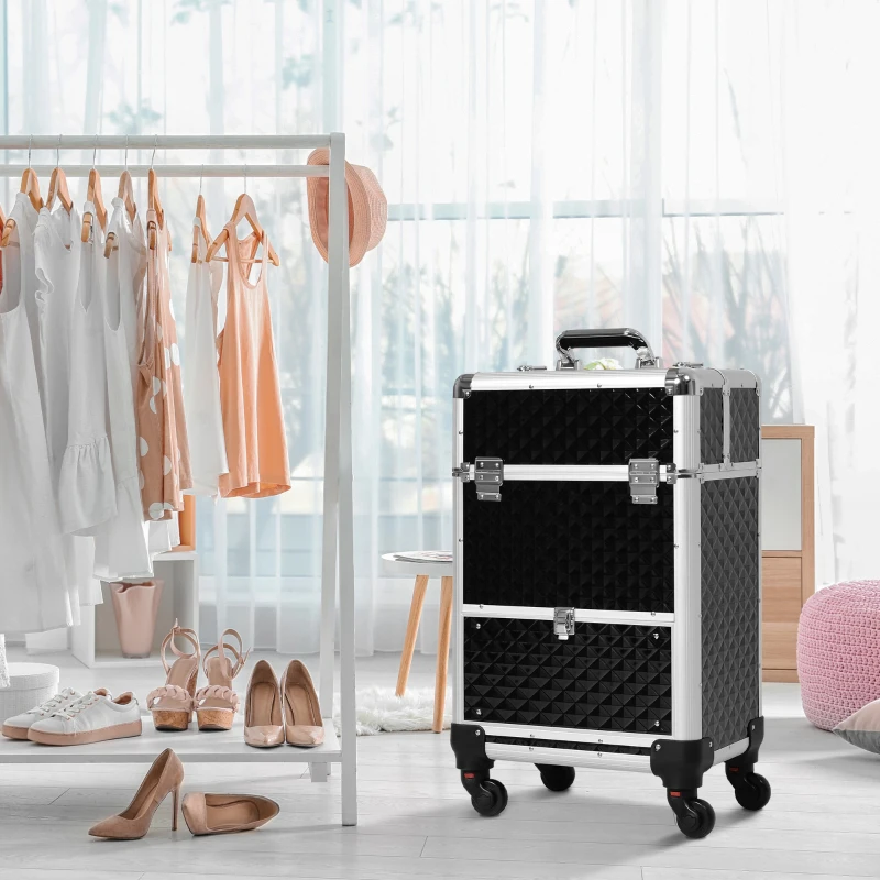 Pink rolling makeup train case with open drawers, displaying organized cosmetics in modern living room.