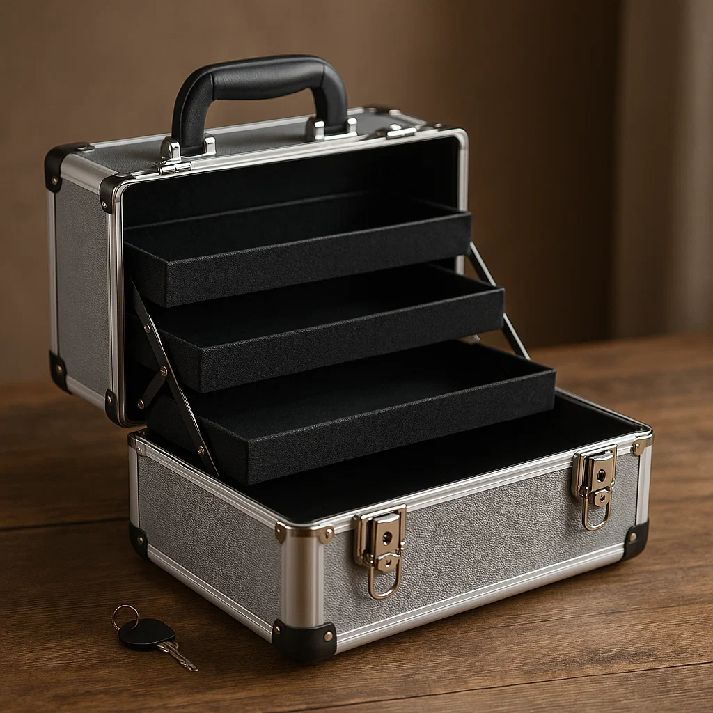Silver hard-shell makeup case with black interior trays, metal locks, and key on wooden table.