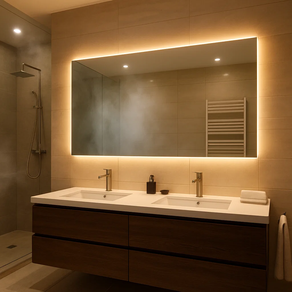 Modern bathroom with large heated mirror glowing to stay clear in steamy shower.