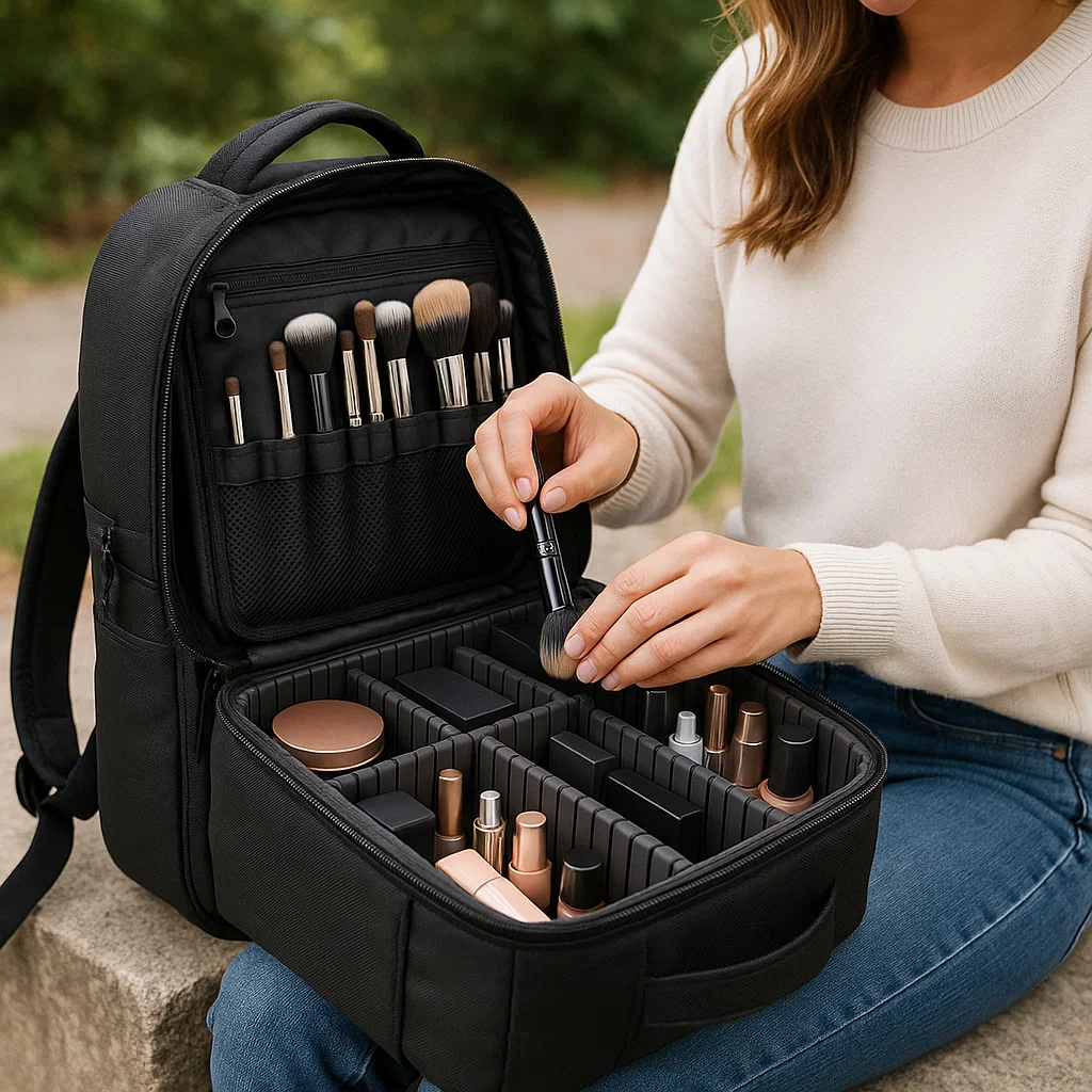 Black makeup backpack open with compartments, brushes, and beauty products organized inside, held by person.