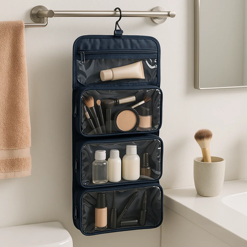 Navy blue hanging makeup case with three clear compartments filled with brushes, bottles, and cosmetics.