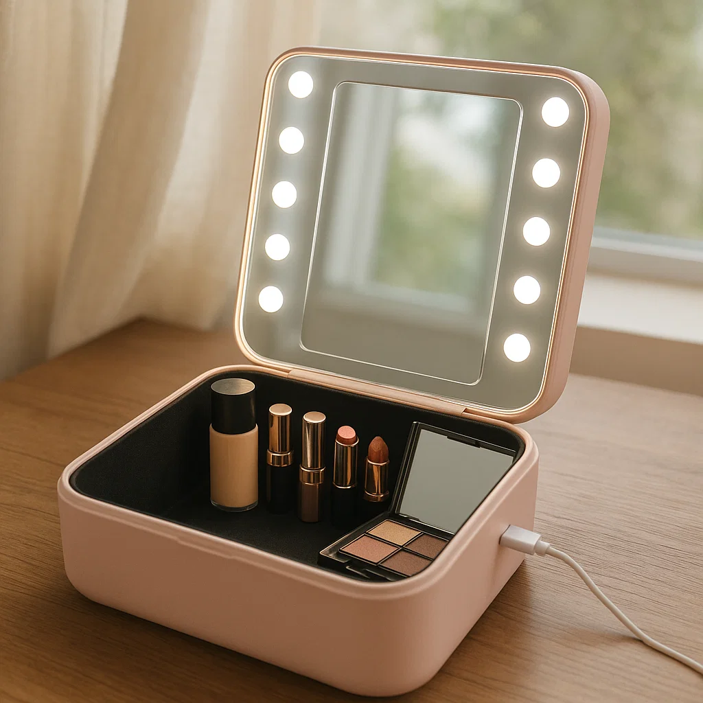 Pink LED makeup case with built-in mirror and lit frame, holding foundation, lipstick, and palette.