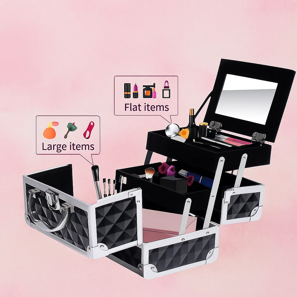 Black diamond-texture makeup case open with trays, mirror, and icons showing item placement.