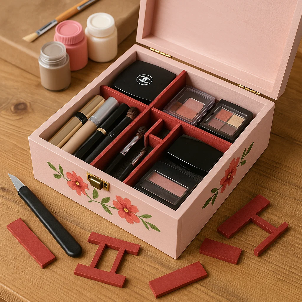 Pink hand-painted wooden makeup organizer with floral design, holding brushes and palettes neatly.