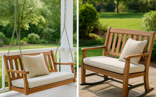 Wooden porch swing and rocking glider chair with beige cushions.