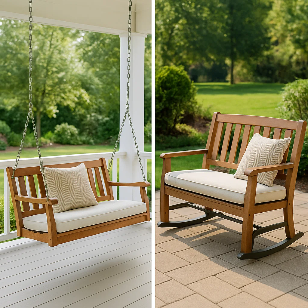 Wooden porch swing and rocking glider chair with beige cushions.