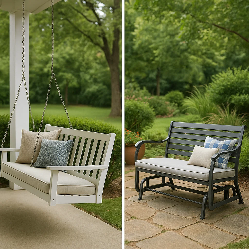 White wooden porch swing and black metal glider bench with cushions.