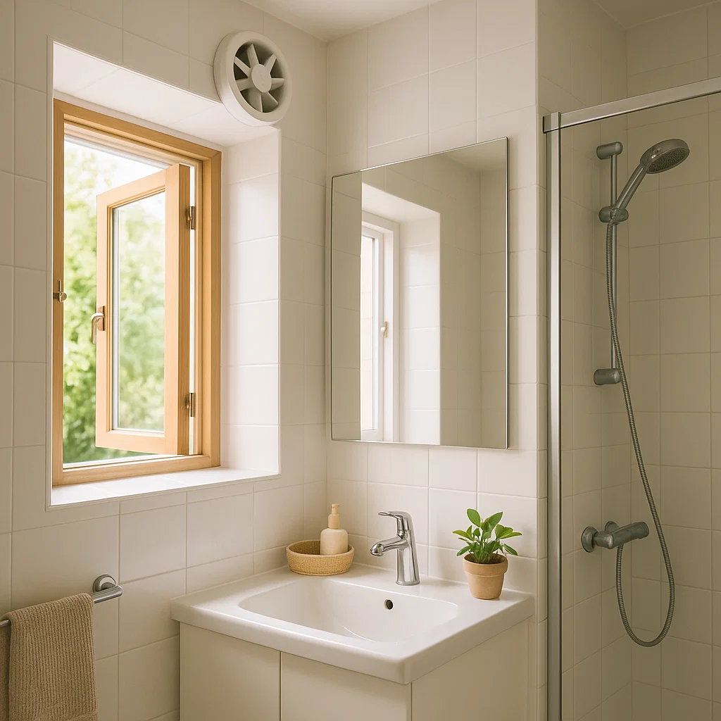Bathroom with open window and mirror showing natural ventilation to prevent fog.