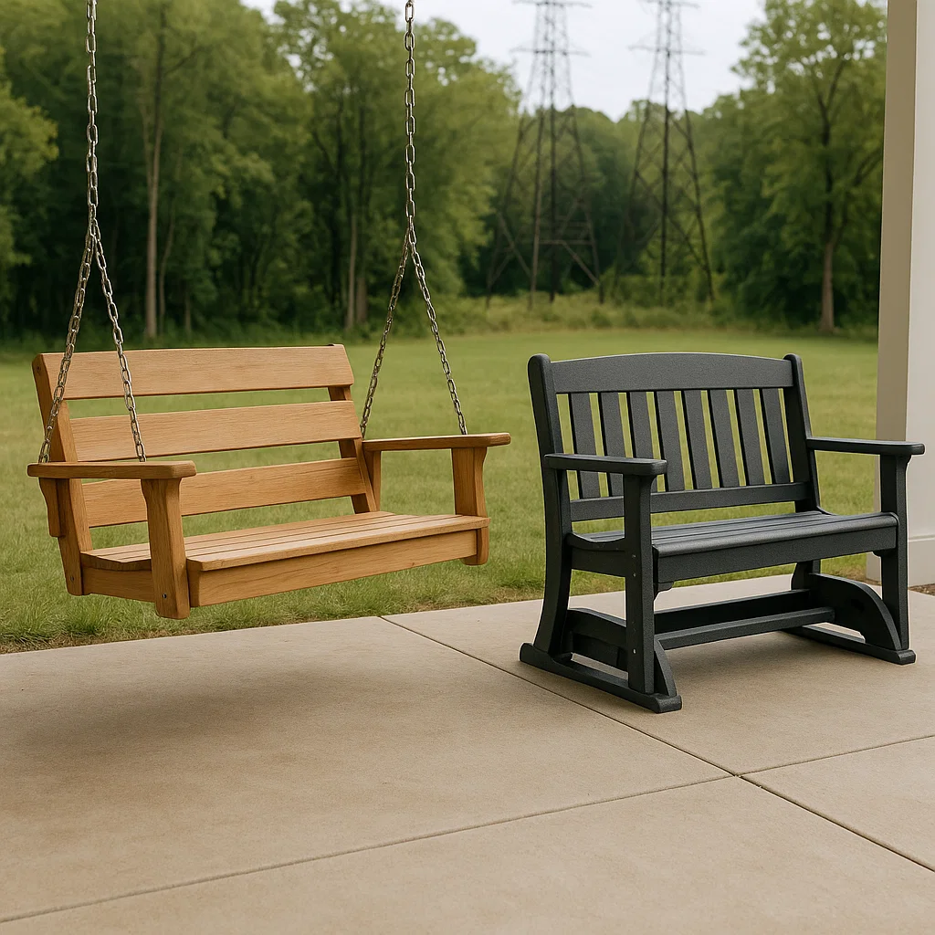 Wooden porch swing and black glider bench on outdoor patio.