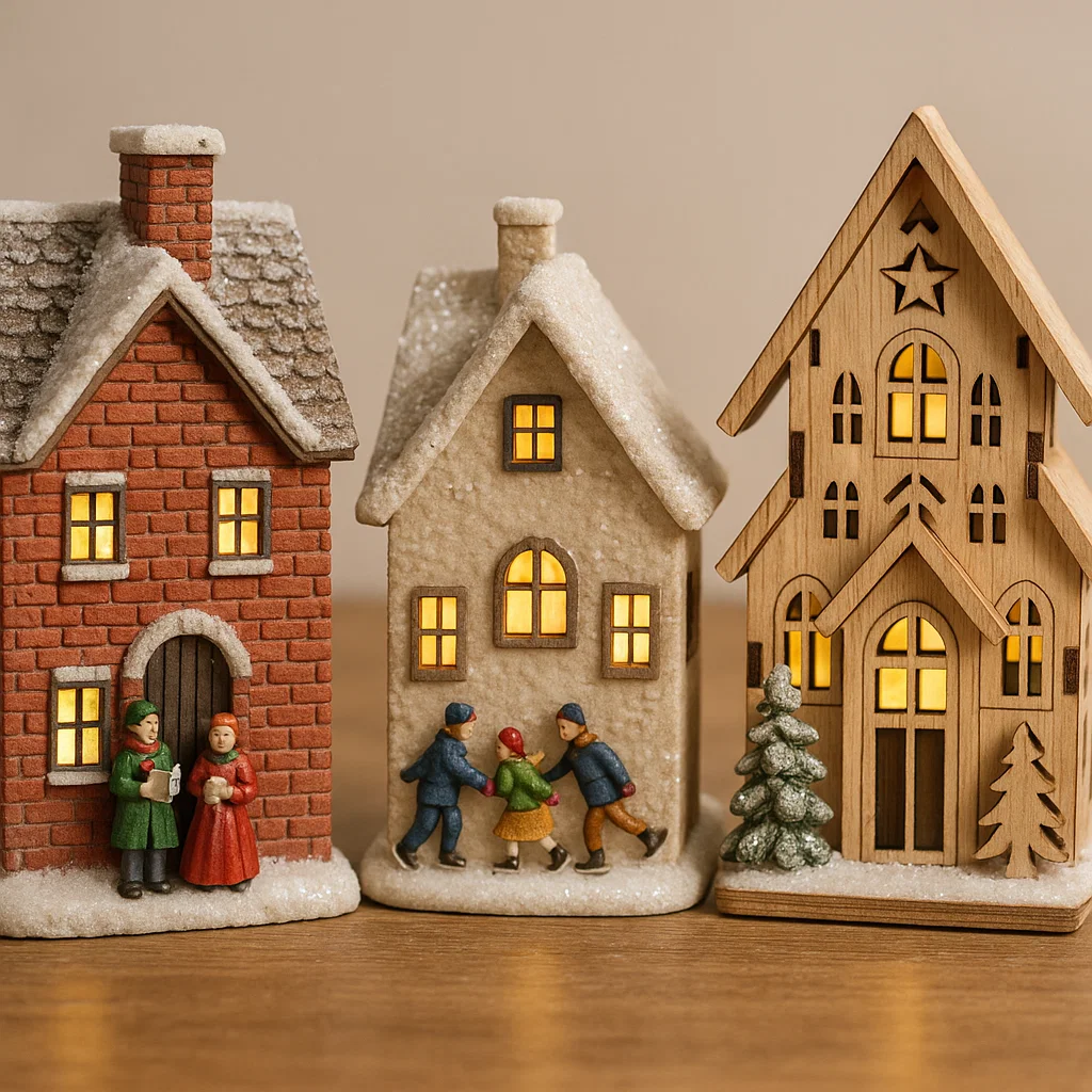 Three Christmas village houses with glowing windows and figurines.