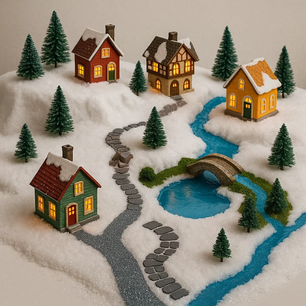 Miniature Christmas village with glowing houses, snowy hills, river, and bridge.