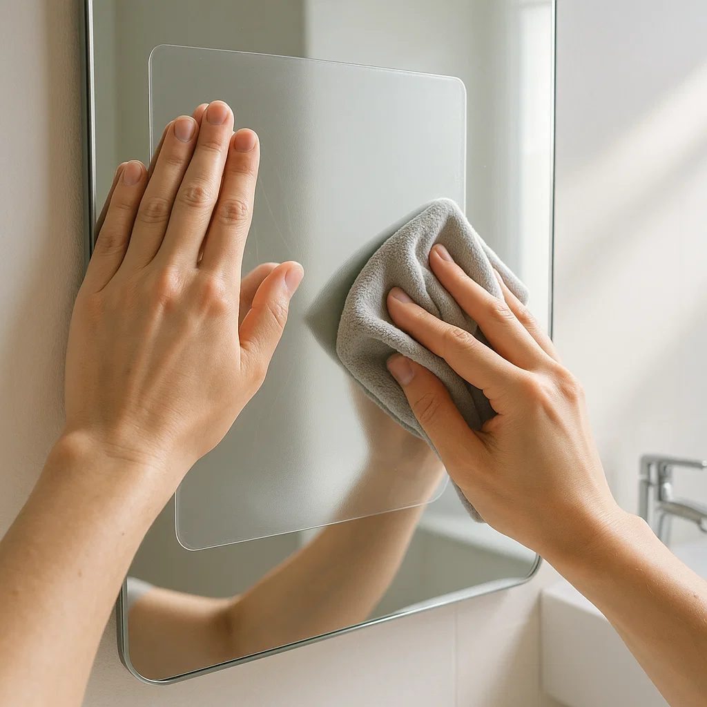 Hands applying anti-fog film sheet onto bathroom mirror for clear reflection.